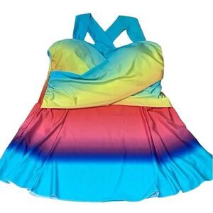 Tie Dyed Rainbow Swim Dress, 2 piece Swimdress, shorts, XL